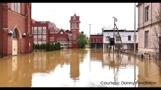 Aerial view of flooding in Frankfort, Ky. along Wapping Street