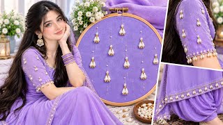Beautiful Pearl & Golden Bead Embroidery Design on Lavender Fabric | Easy Handwork Tutorial