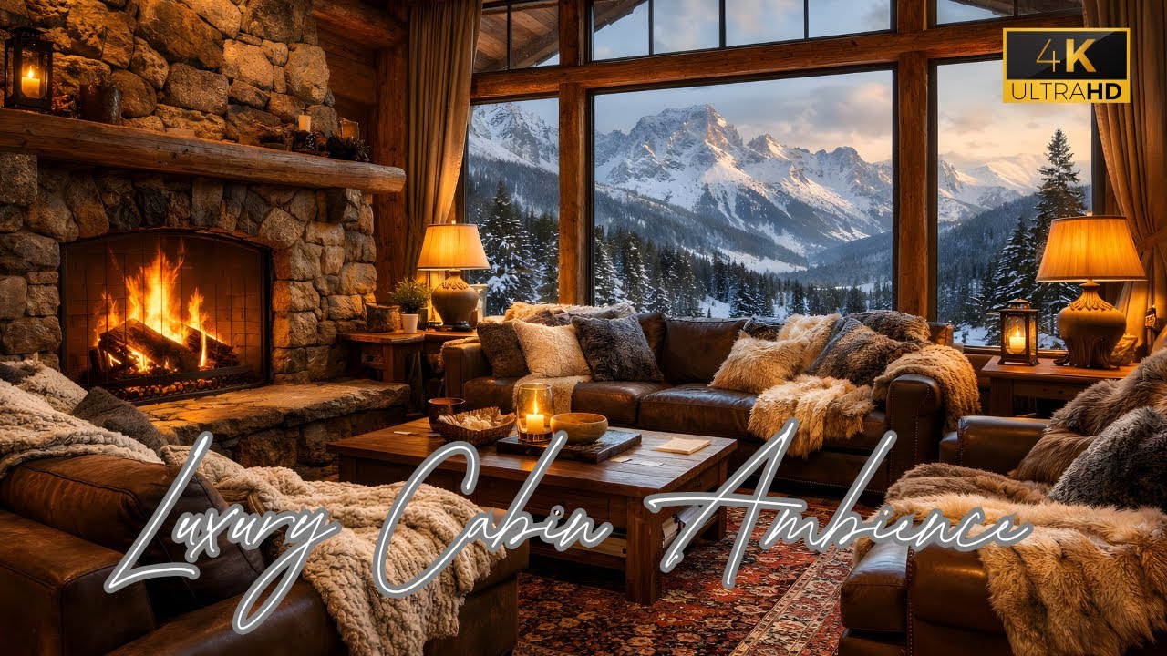 4K Luxury Mountain Cabin 🏔️ Cozy Fireplace & Snowy Sunset View | Smooth Jazz for Relax, Study