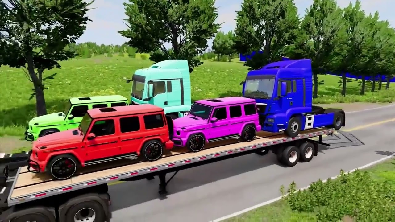 Flatbed Trailer McQueen Transportation with Truck - Speedbumps vs Cars vs Train - BeamNG.Drive #11