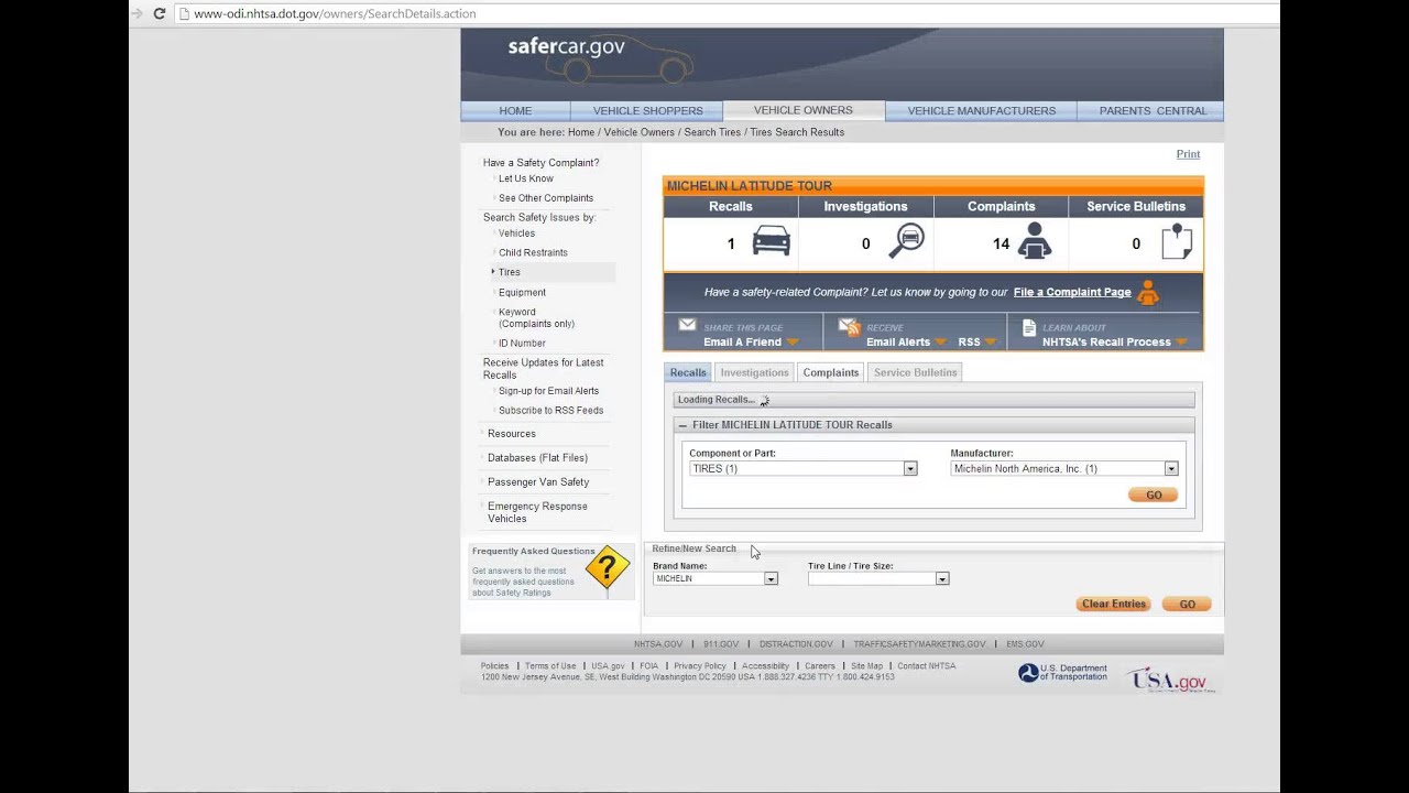 Example of Searching for Michelin P255/70R18 Tire with Known Recall