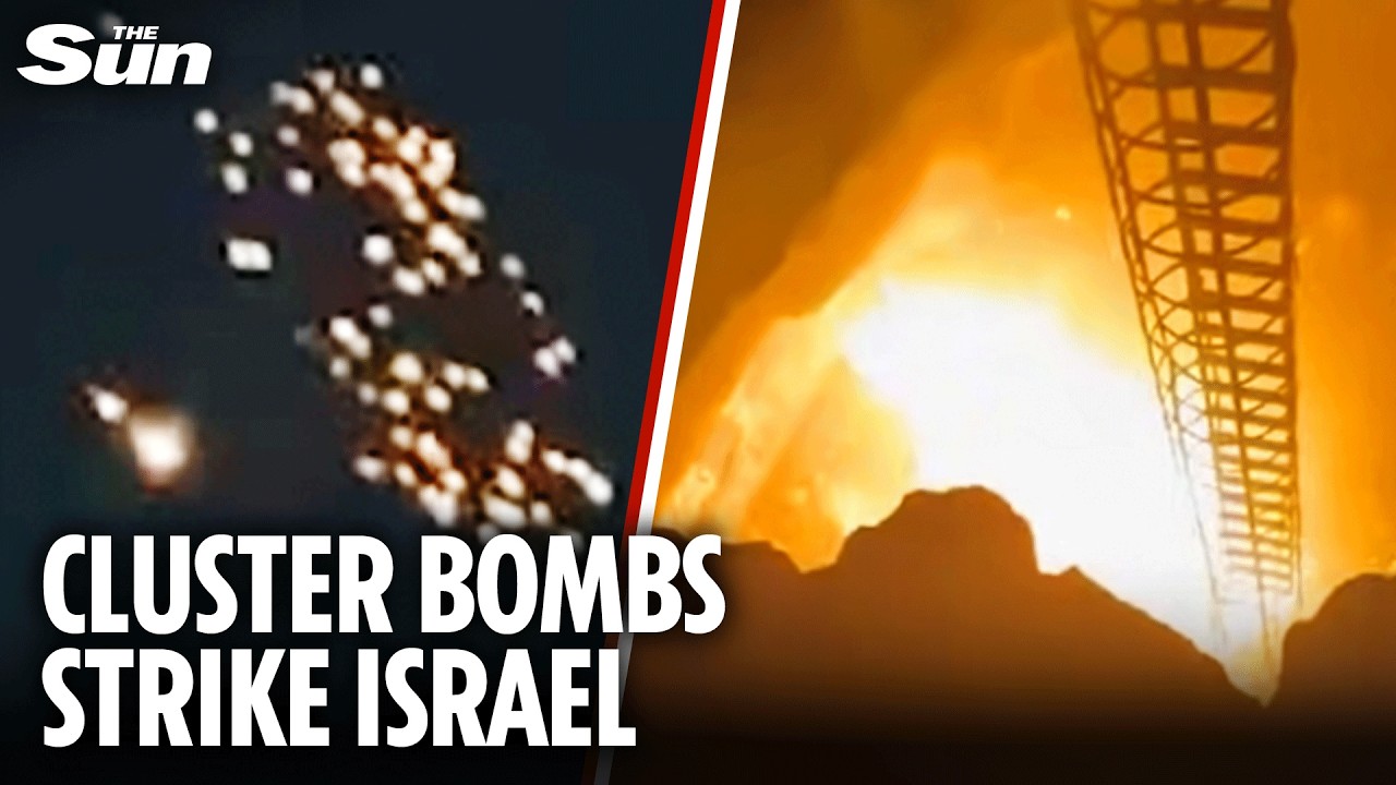 Moment cluster munition warheads explode over Tel Aviv in Iranian ballistic missile attack