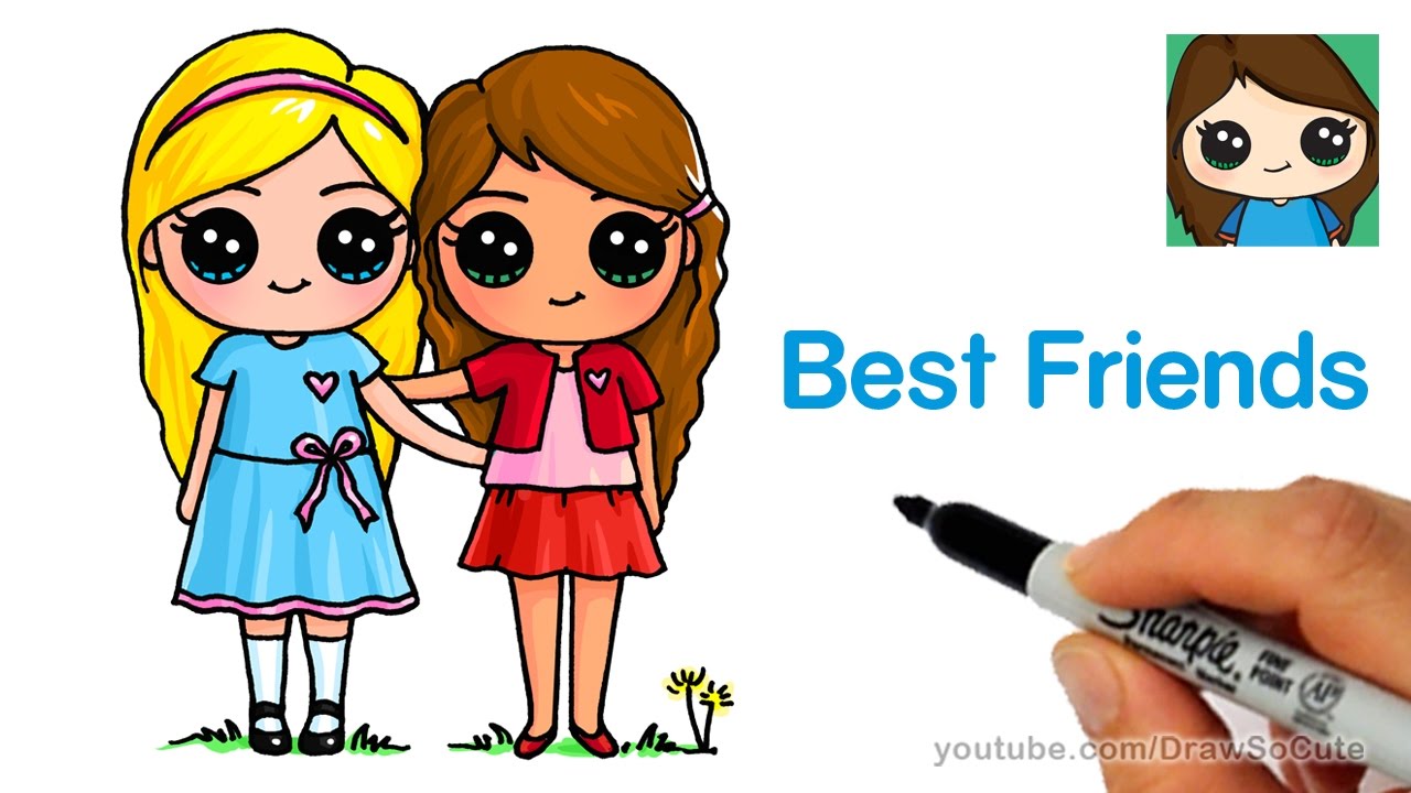 How to Draw Two Cute Girls Easy - Best Friends Forever - YouTube