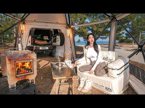 🌊CAMPING ON THE BEACH IN A LUXURY CAR TENTㅣOCEAN ASMR
