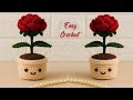 How To Crochet A Rose Flower With Pot Easy Crochet Flower Tutorial US Terms For Beginners
