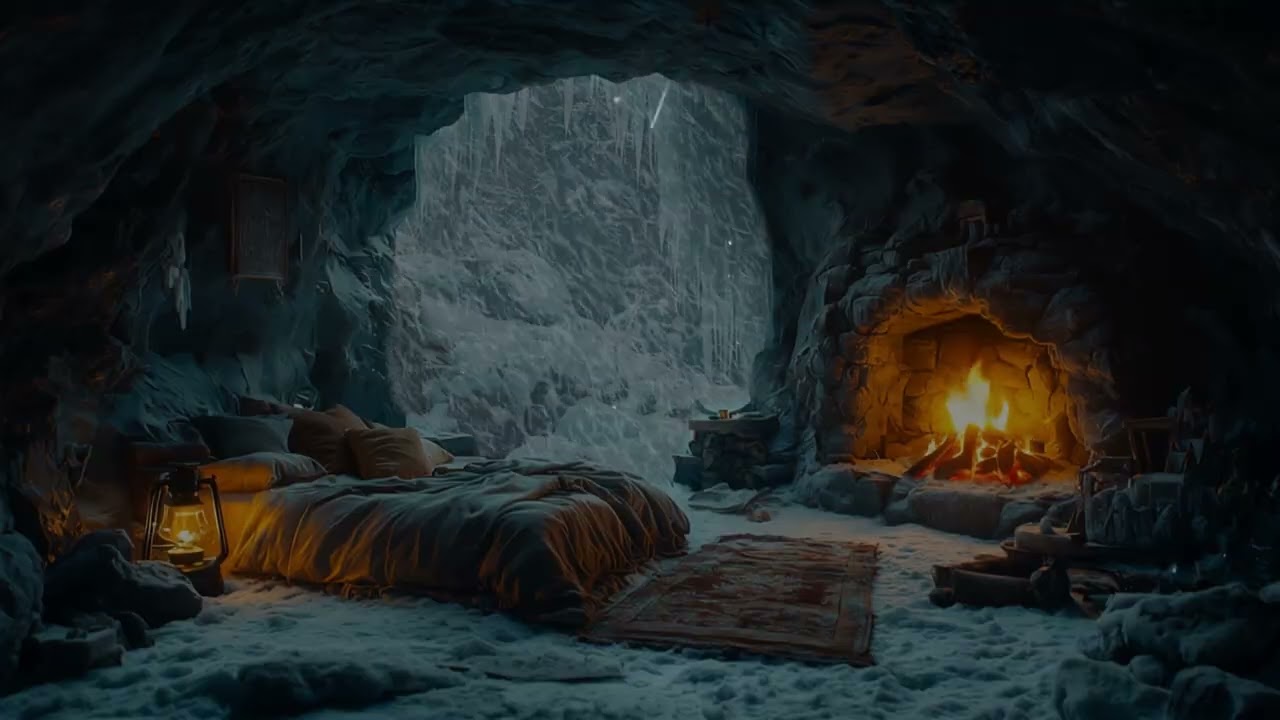 Snowy Night in a Cozy Cave | Gentle Snowfall & Fireplace Sounds for Deep Sleep & Relaxation