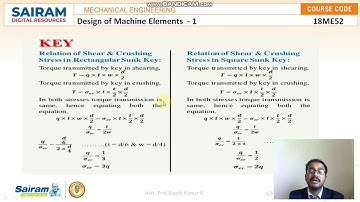 LECTURE VIDEO 6 _18ME52_MODULE 3_DESIGN OF RECTANGULAR AND SQUARE SUNK KEYS_ RAJESH KUMAR N