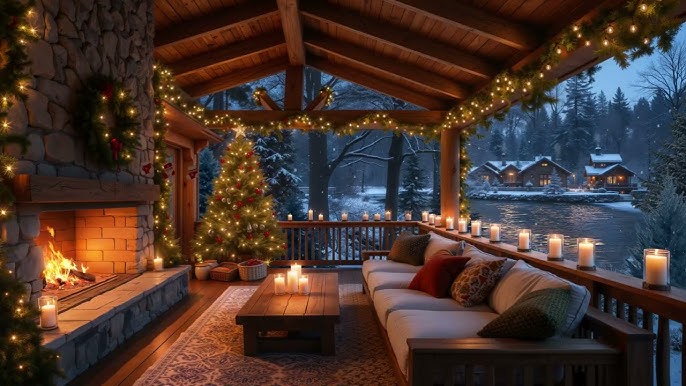 ❄️ Cozy Christmas Balcony | Holiday Lights, Fireplace Crackles and Calm  Winter Night