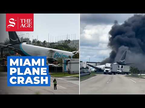 Amazon plane overruns runway and bursts into flames