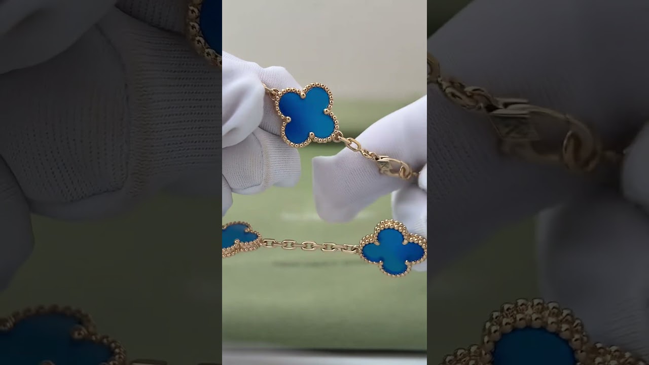 Custom Made Van Cleef Arpels Vintage Alhambra 18K Yellow Gold Blue Agate