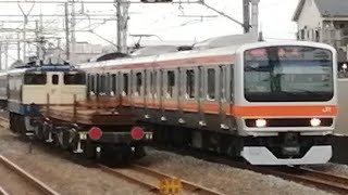 【貴重なんじゃない!これ】武蔵野線貨物列車EF65-1104レール運搬チキと武蔵野線231系MU22編成電連付きとすれ違い!
