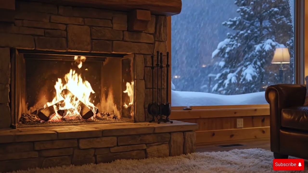 12 MINTURES INDOOR FIREPLACE AND SNOW FALLS VIEW FROM THE WINDOW. NICE COOL WARM EMBIENCE