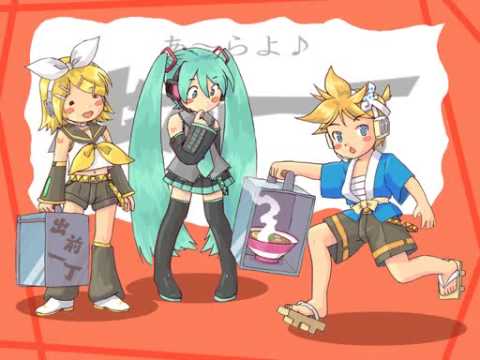 Miku, Rin and Len sing a CM song of "Demae-Itcho".