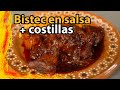 Bistec en salsa molcajeteada + costillitas en chile pasilla