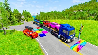 Flatbed Truck McQueen | Transportation with Truck - Pothole vs Car #02 | BeamNG.Drive Gameplay