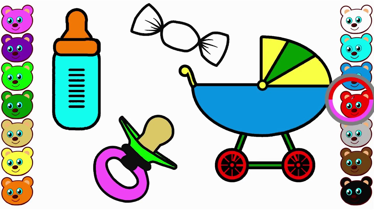 Learn Colors for Children with Baby Carriage, Dummy & Bottle Coloring ...