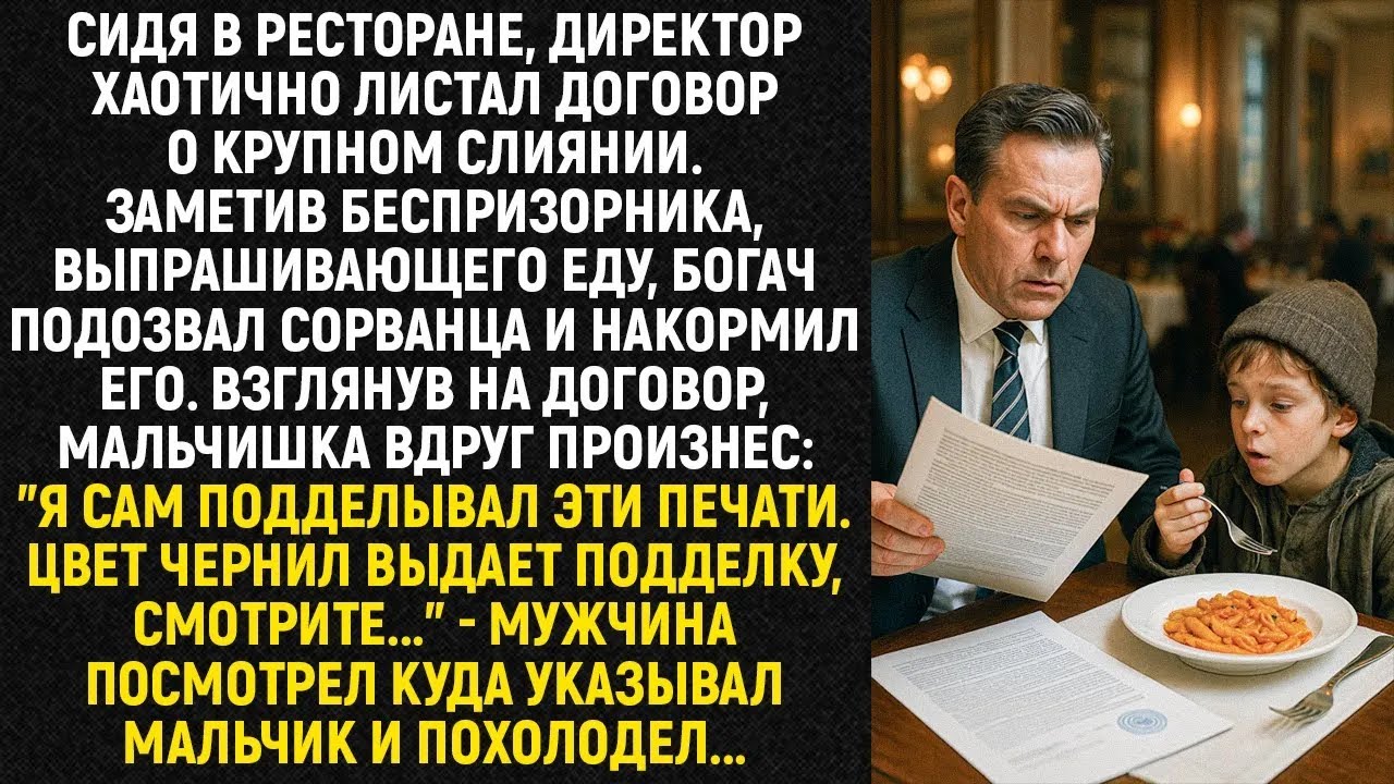 Богач подозвал беспризорника и накормил его  Взглянув на договор, мальчишка вдруг произнес