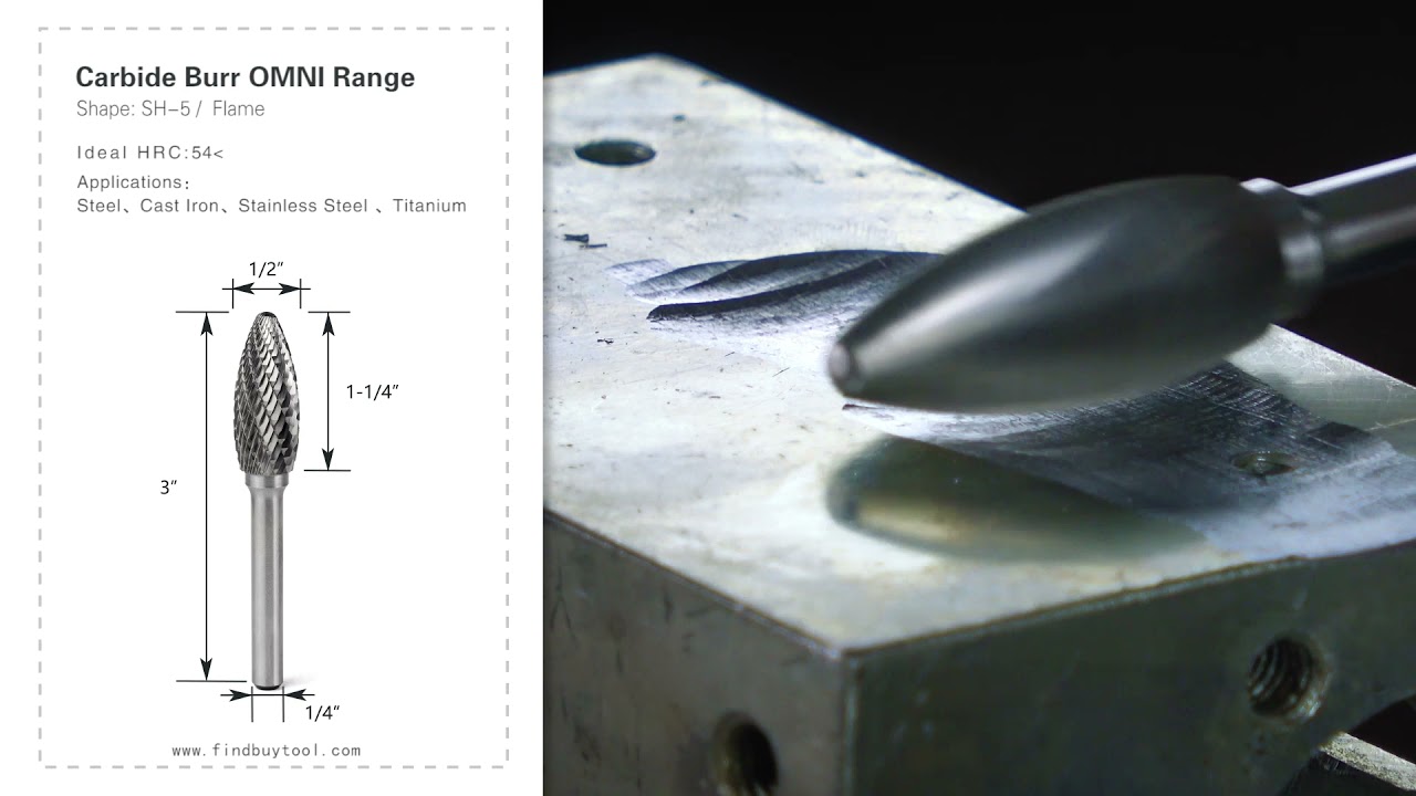 FindBuyTool Carbide Burr SH-5 Flame Shape OMNI Range Head D 1/2 x 1-1/4L ,1/4 Shank, 3 Inch Full Length