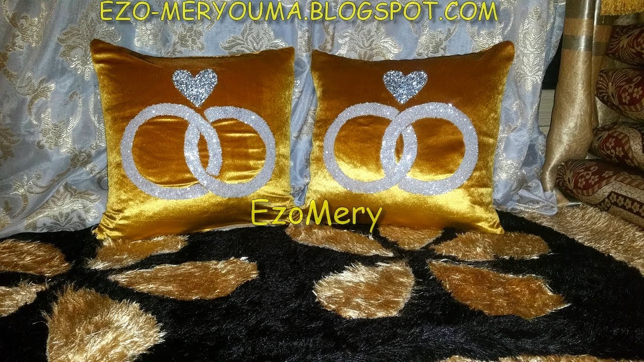 طريقة خياطة وسائد للديكور و الخطوبة بالقطيفة  و بورق الجيلاتين و الخرز تحفة