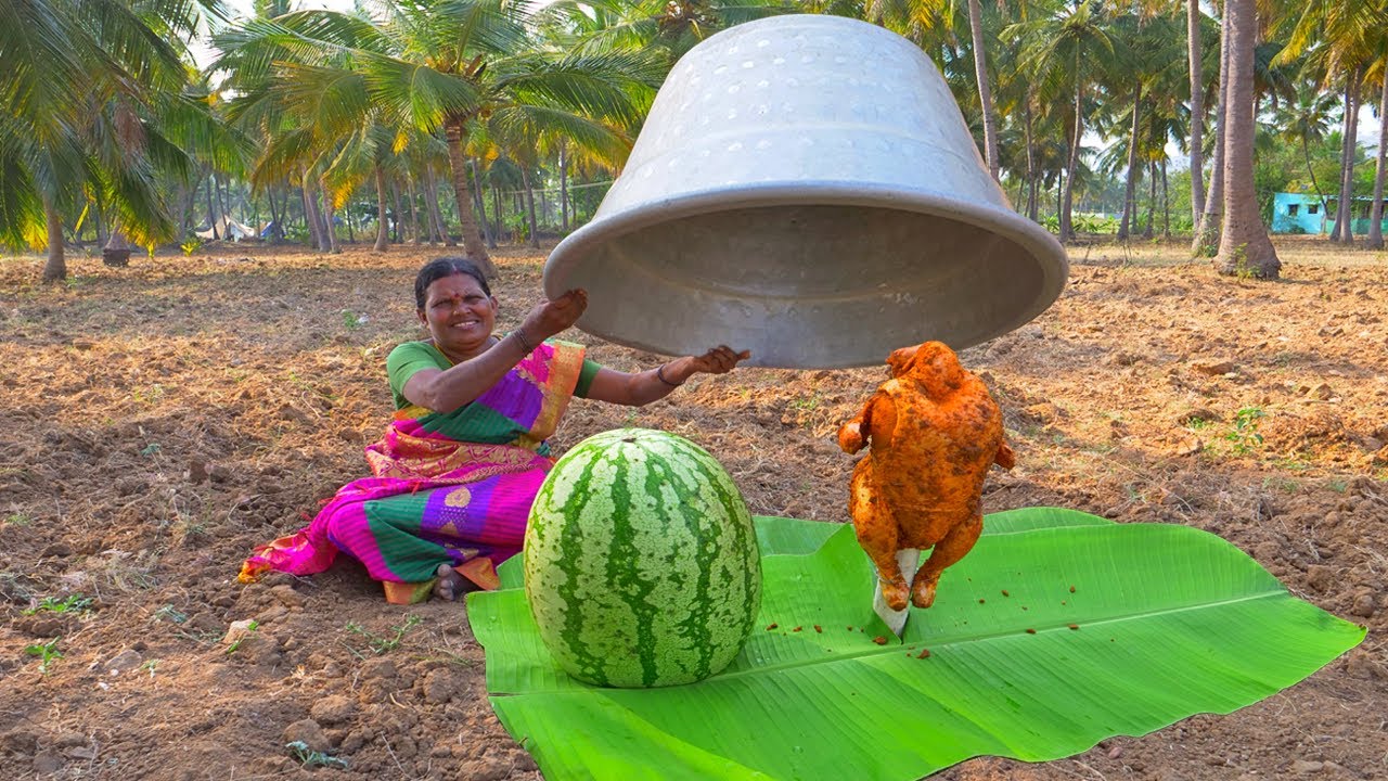 WATERMELON BUCKET CHICKEN | Chicken Cooking Skills | Village Cooking | Side Dish Recipes