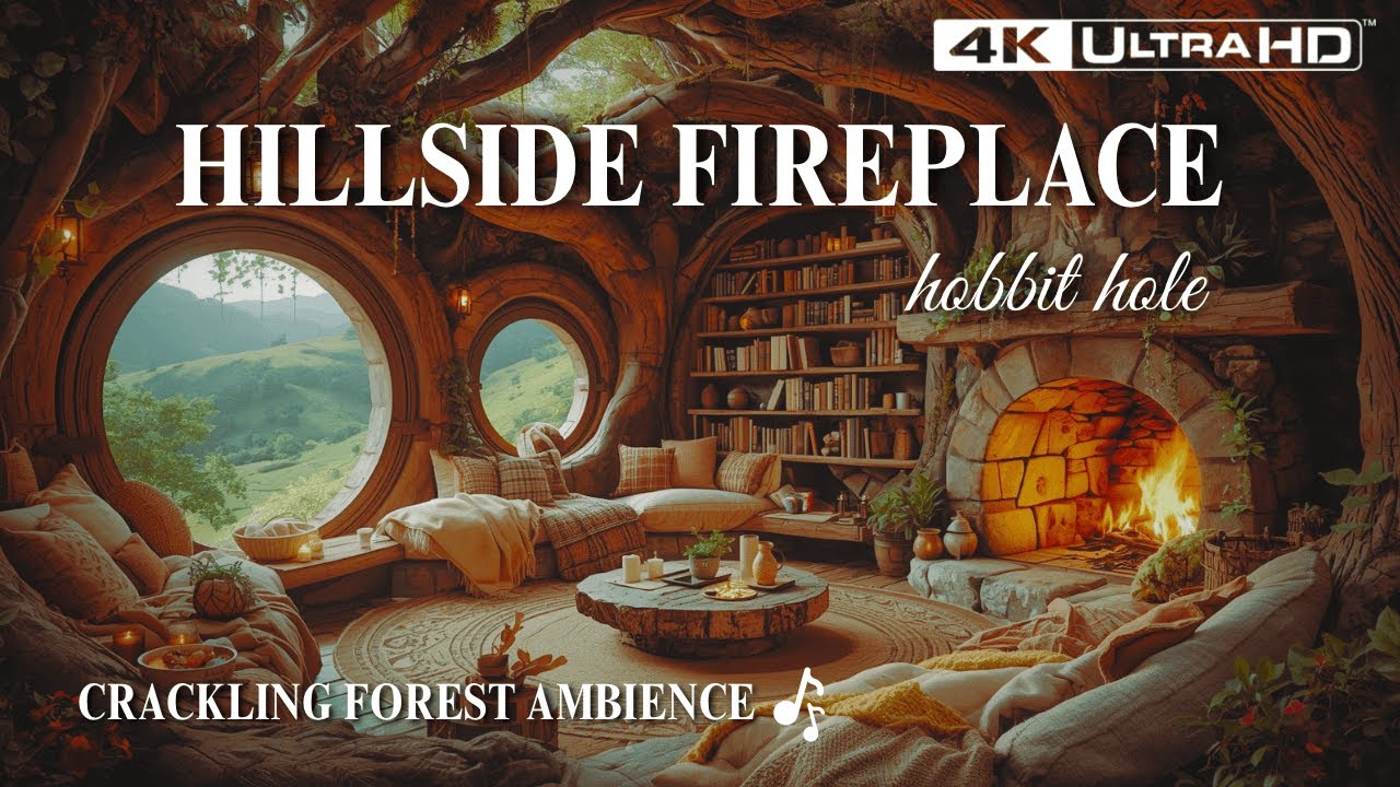Relaxing Background Music 🌿 | Fireplace Sounds, Forest Views, Reading Nook and Hobbit Hole Ambience