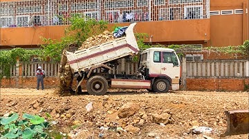Full Video! Processing Landfill! Project Using Dump Truck 5Ton with Skill Dozer push Stone Soil