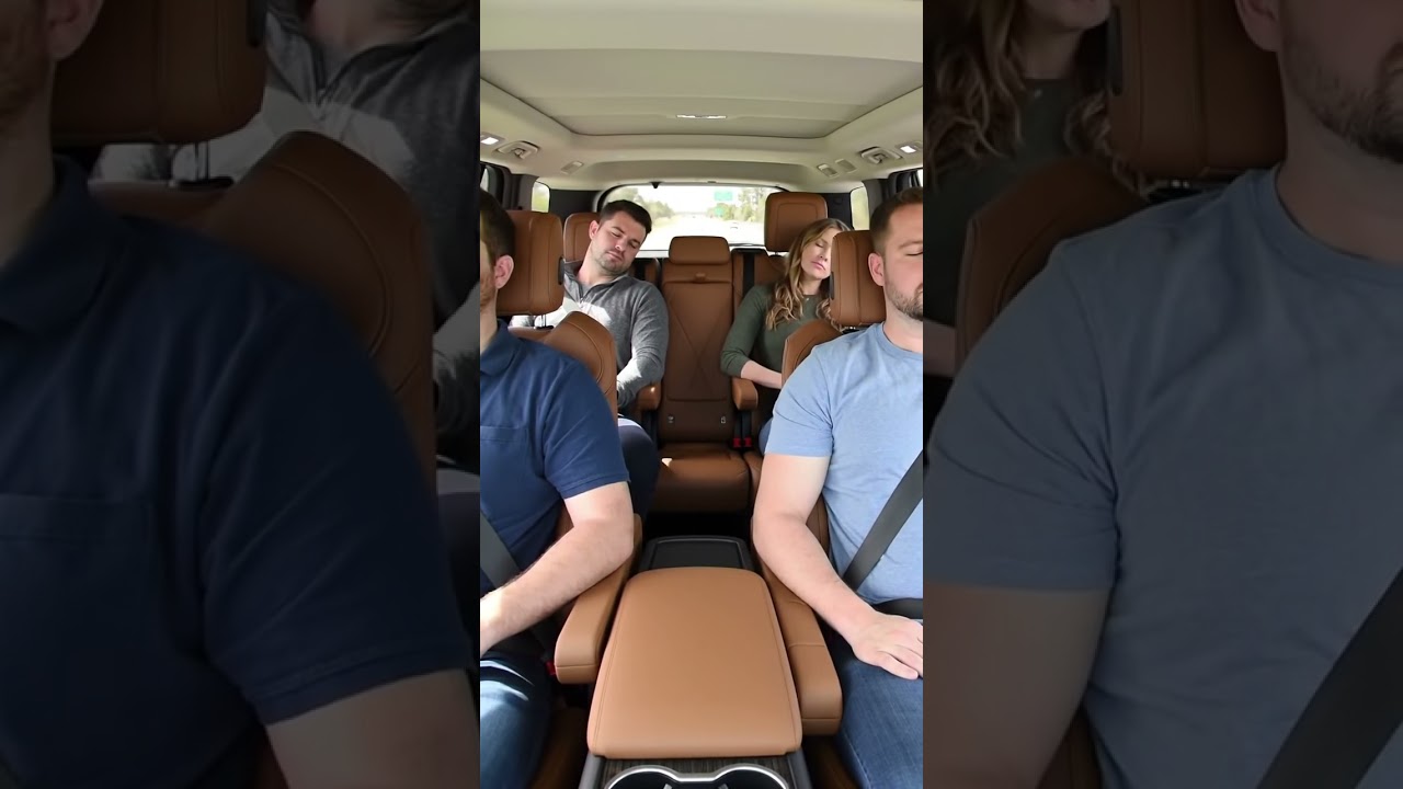 Four People Sleeping in Luxury SUV Interior: Autonomous Driving Danger Real Shot