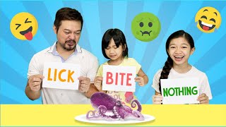 LICK, BITE OR NOTHING CHALLENGE w\/ Dad! | Kaycee \& Rachel