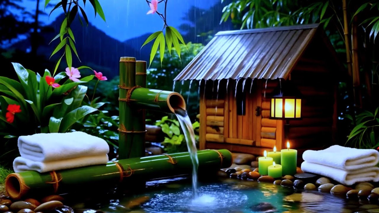 Deep Relaxation in a Bamboo Forest Cabin | Water Stream & Soft Piano Music