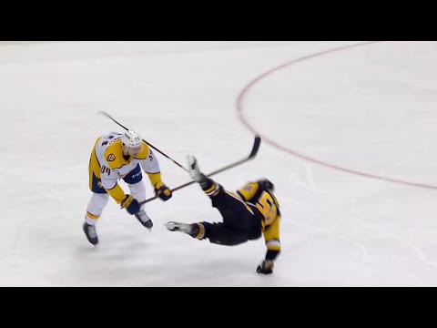 Tanner Jeannot lays a big hit on Kris Letang, then fights Mike Matheson after