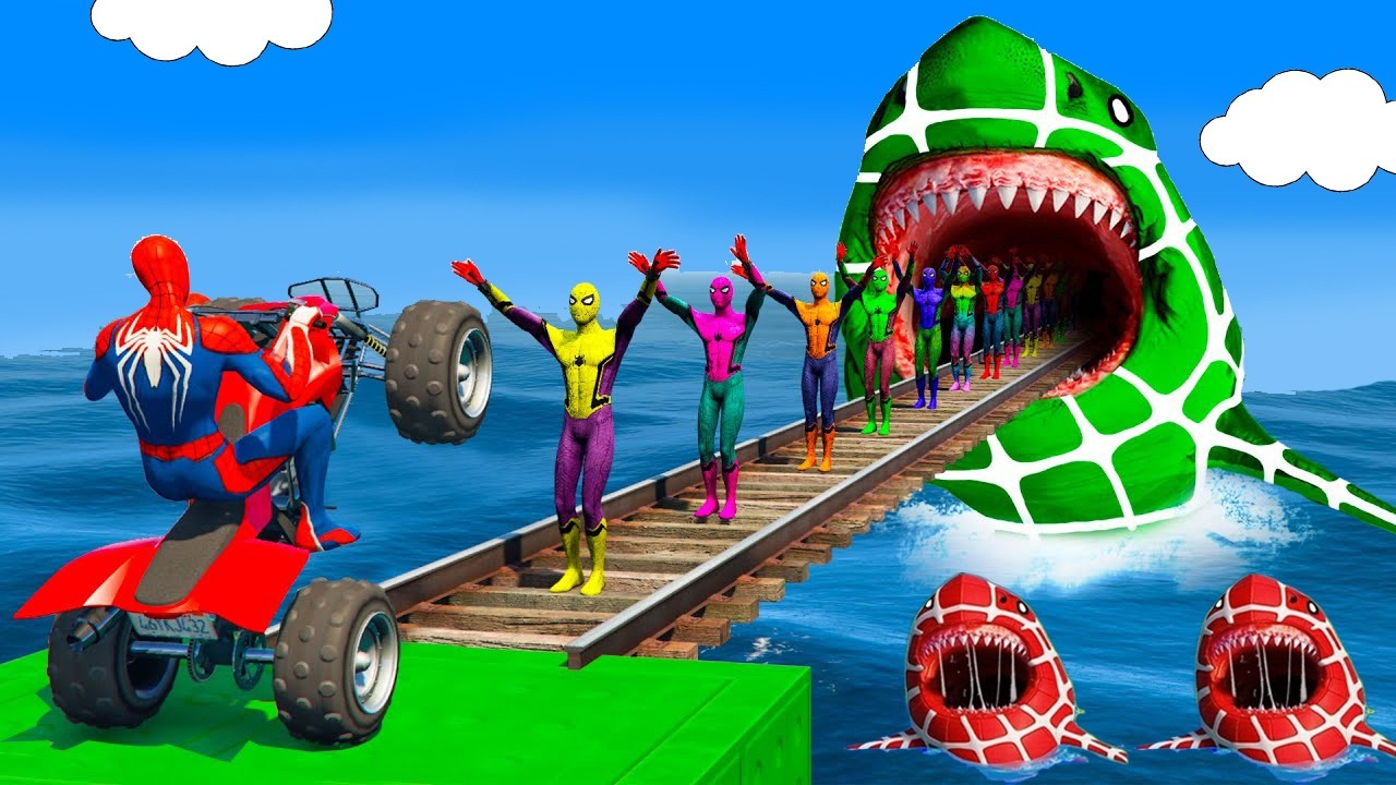 SPIDER MAN Takes on Spiral Bridge Stunt Ride on Motorcycle🦺🥽بطال الخارقين على القضبان دوامة قمع جس