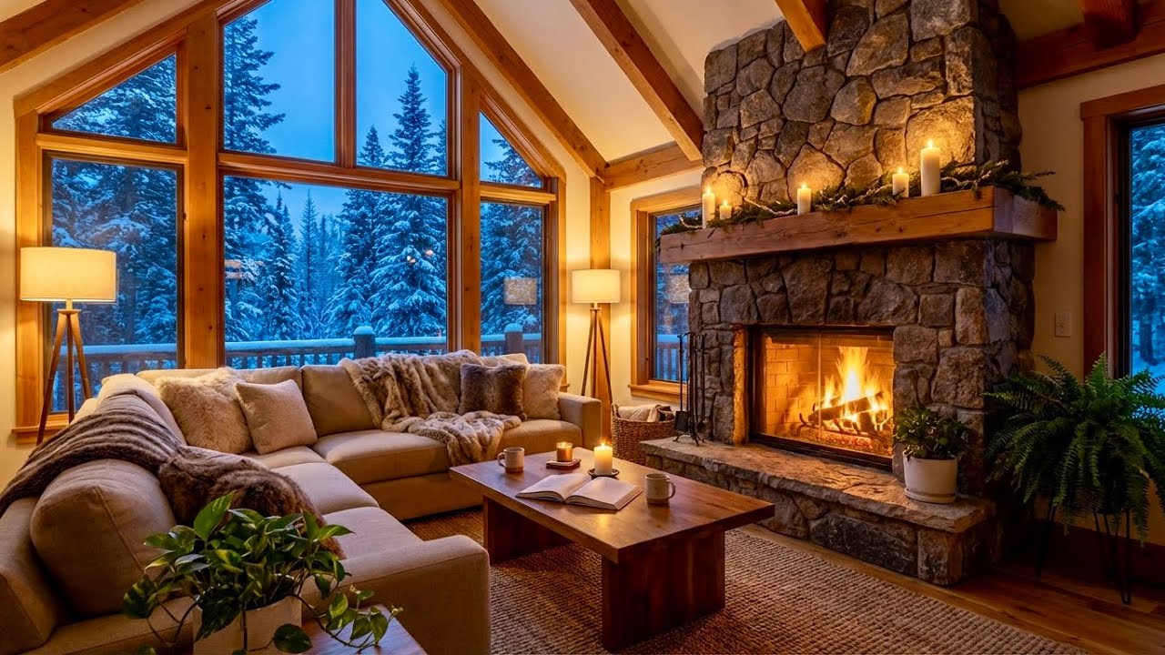 Luxury Winter Cabin Ambience - Cozy Fireplace & Snowy Forest View for Deep Focus, Study & Sleep