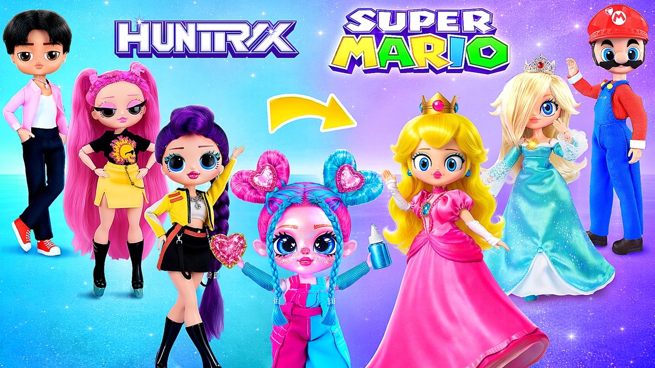 KPOPガールズ！デーモンハンターズのだいへんしん！ルミ、ミラ、ジヌがスーパーマリオのピーチ姫とマリオにへんしん！