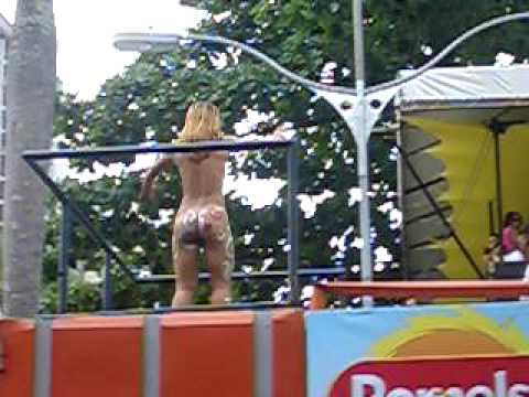 (Part 14 of 19) Naked woman on a Carnival parade, watching from a camarote in Salvador, Brazil