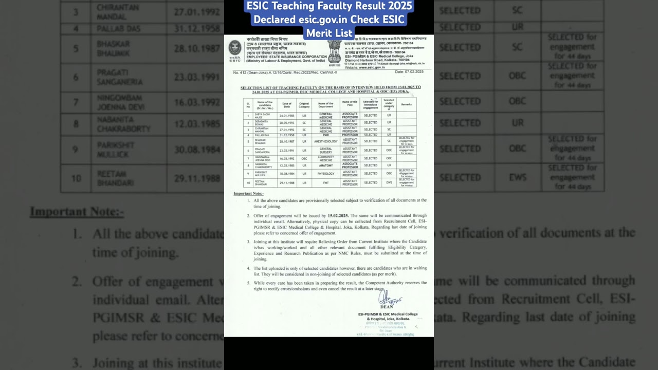 ESIC Teaching Faculty Result 2025 Declared esic.gov.in Check ESIC Merit List 
