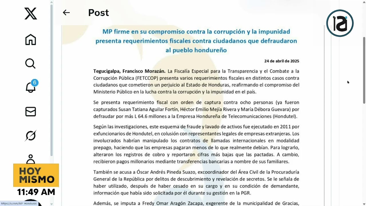 MP presenta requerimientos fiscales contra ciudadanos que defraudaron al pueblo hondureño