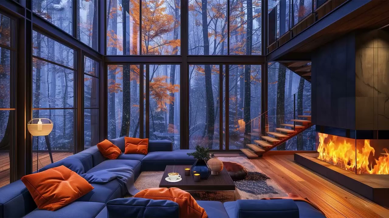 Deep Sleep in a Glass Cabin | Sleet & Heavy Fireplace ASMR 😴 