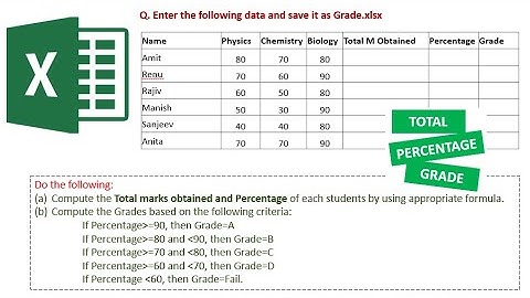 Excel - NIELIT DCA Practical Question | Find Total Marks, Grade and Percentage.
