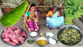 CHICKEN MEAT with BOTTLE GOURD Curry and kalmi shak fry cooking by our grandma.