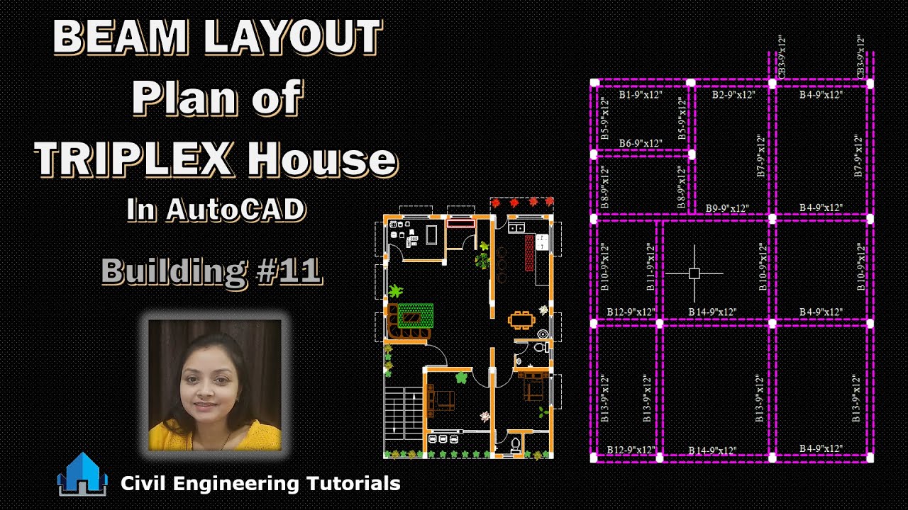 BEAM Layout Plan of Triplex House in AutoCAD || 1345 SQFT || Building #11
