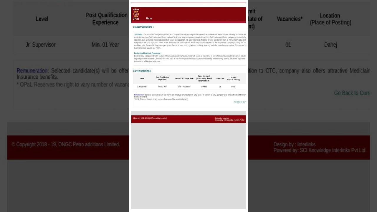 OPAL ONGC Petro Additions Limited Operations non executive cracker Recruitment