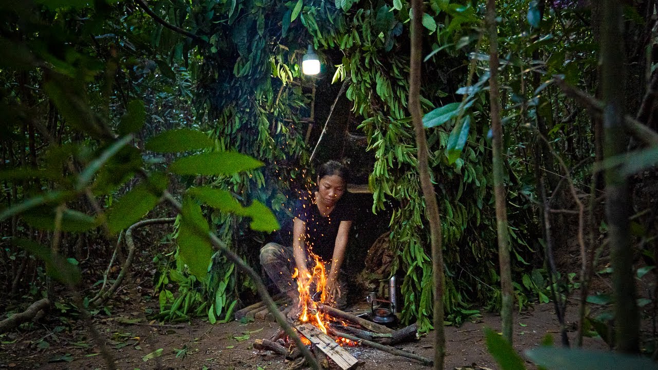 Solo Camping in The Wild, I Build the Most Easy Survival Shelter, Girl ...