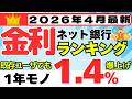 【2026年4月】預金 金利ランキング ネット銀行編 (普通預金0.9%、1年モノ1.4%、3か月モノ2.0%)