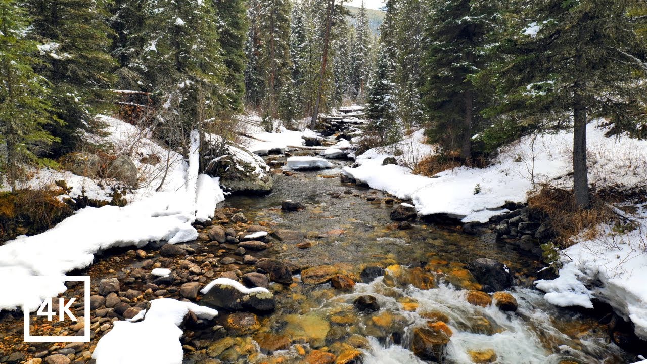 4K Alpine Creek Ambience | Snowy Mountain Nature Scene for Relaxing | Calming Water Sounds for Sleep