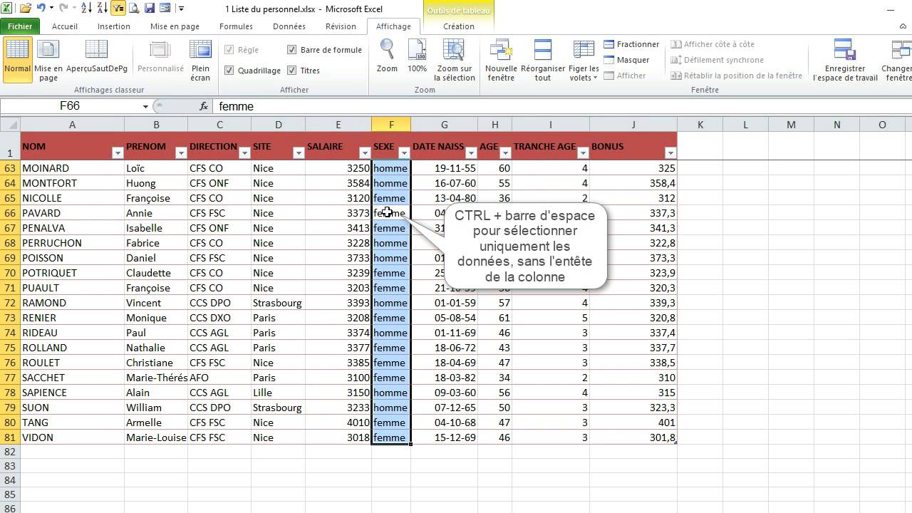 S Lection Des Lignes Et Des Colonnes Dans Un Tableau Excel Youtube