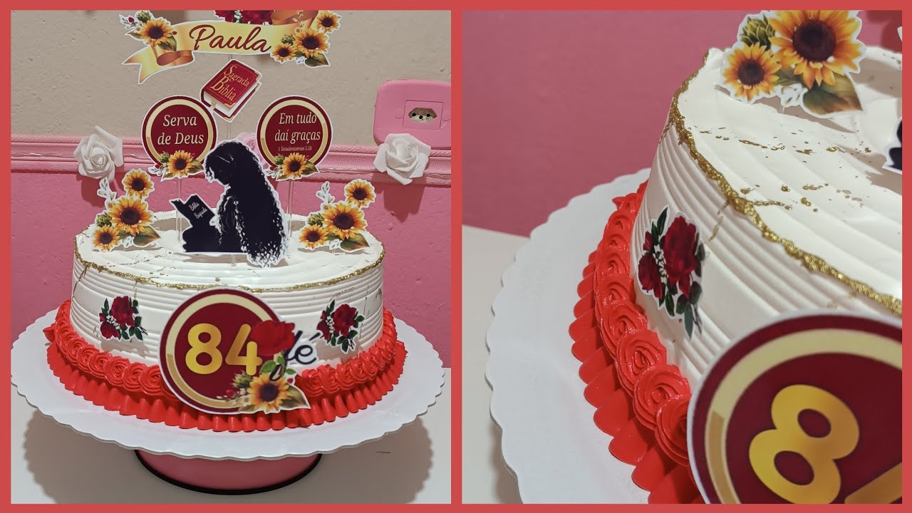 Bolo feminino | Chantilly branco, vermelho e dourado | Topper evangélico | 84 anos | Redondo | 3 kg.
