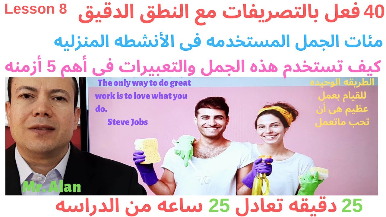 مئات من جمل وتعبيرات الأعمال والأنشطه المنزليه فى 5 أزمنه و40 فعل بالتصريف والنطق الدقيق فى 25 دقيقه