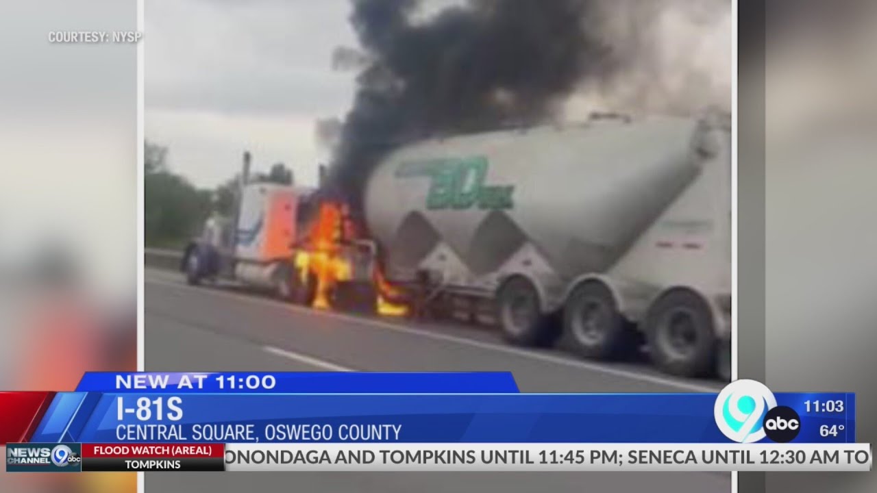 Tractor-trailer catches fire on I-81 south in Oswego County - YouTube