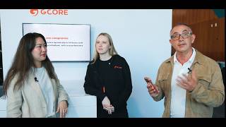 Interview at Gcore booth, GTC: Mae Wang (TD SYNNEX), Clara Ulken and Fabrice Moizan (Gcore)