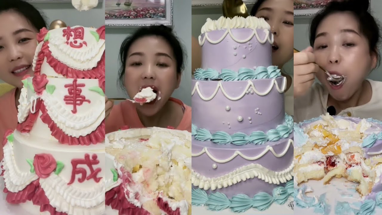 英子- finishing WHOLE 3-TIER CREAM CAKES *BIG BITES || *Subtitled* ASMR Dessert Mukbang 디저트 먹방 吃播